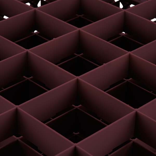 A close up of a Vollrath Traex burgundy glass rack grid with a square in red.