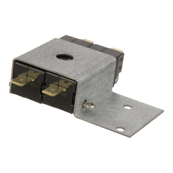 A grey metal box with black and gold Switch and Bracket Assembly parts inside.