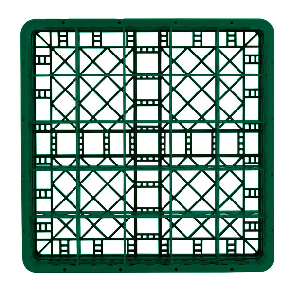 A green plastic tray with a grid pattern and holes in a green plastic crate.