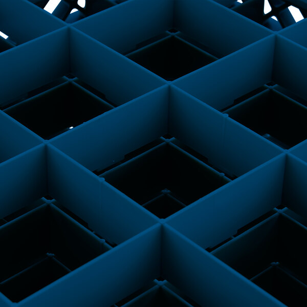 A blue Vollrath Traex glass rack grid with black squares.