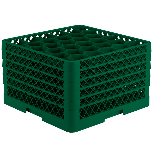 A green plastic Vollrath Traex glass rack with 30 compartments and an open rack extender on top.