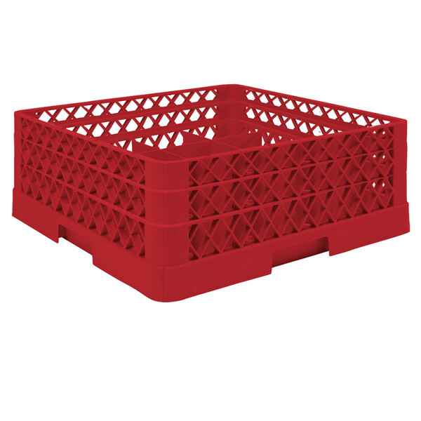 A red plastic Vollrath Traex glass rack with a grid design.
