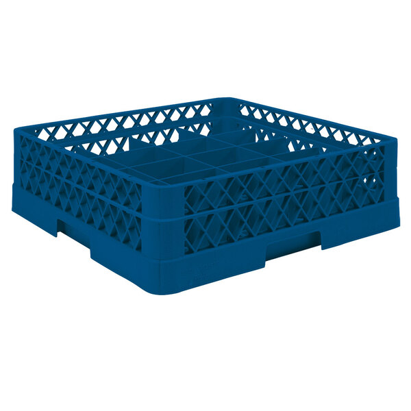 A Vollrath Royal Blue plastic glass rack with 25 compartments and an open rack extender on top.