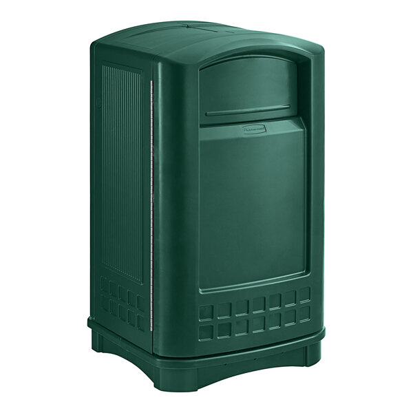 A dark green Rubbermaid Plaza container with a side opening.