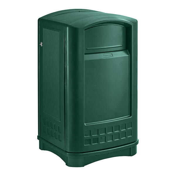 A dark green Rubbermaid Plaza outdoor trash container with a side opening.