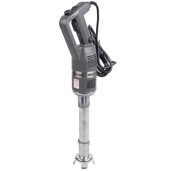A Robot Coupe grey immersion blender and whisk with a cord.