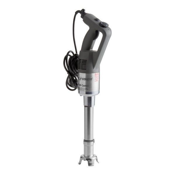 A compact immersion blender with a 10-inch blending shaft and an 8-inch whisk attachment.
