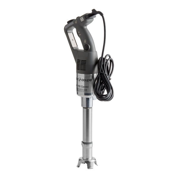 A compact immersion blender with a black handle and a metal blending shaft, featuring an attached power cord.