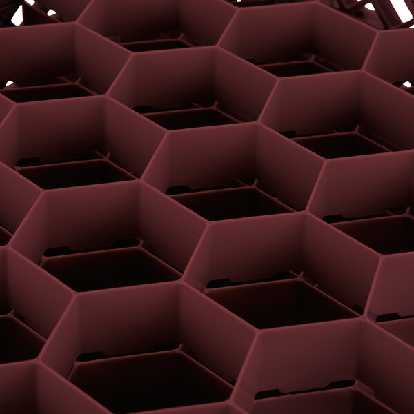 A close up of a large, red Vollrath Traex glass rack.