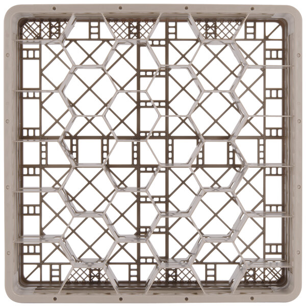 A beige metal rack with square compartments.