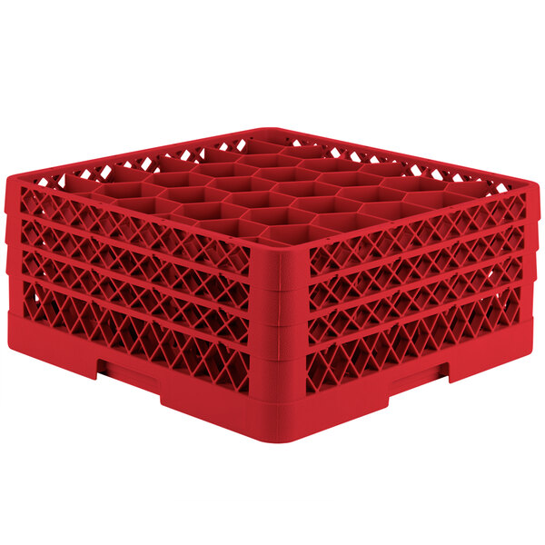 A red plastic Vollrath Traex glass rack with open extender on top.