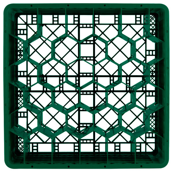 A Vollrath green plastic rack with hexagonal compartments.
