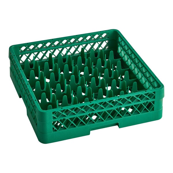 A green plastic Vollrath Traex glass rack with many small compartments and a rack extender on top.