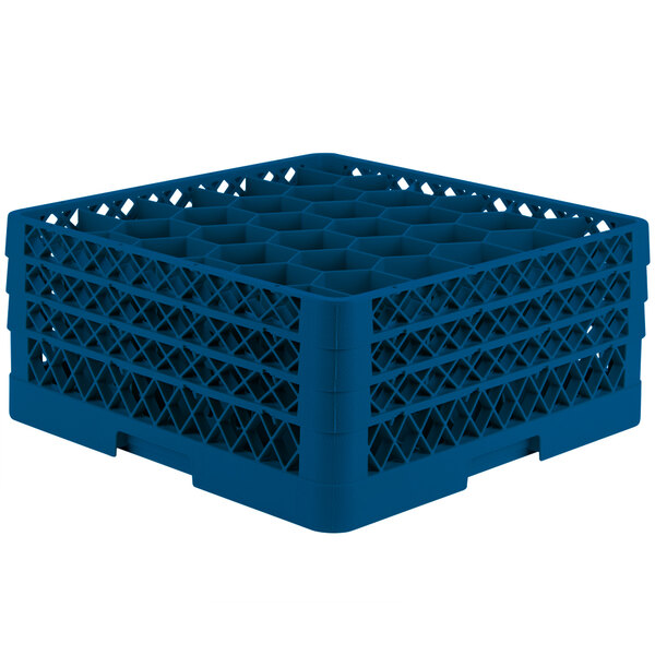 A Vollrath blue plastic glass rack with 30 compartments.