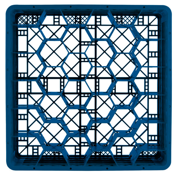 A blue plastic Vollrath Traex glass rack with hexagonal compartments.
