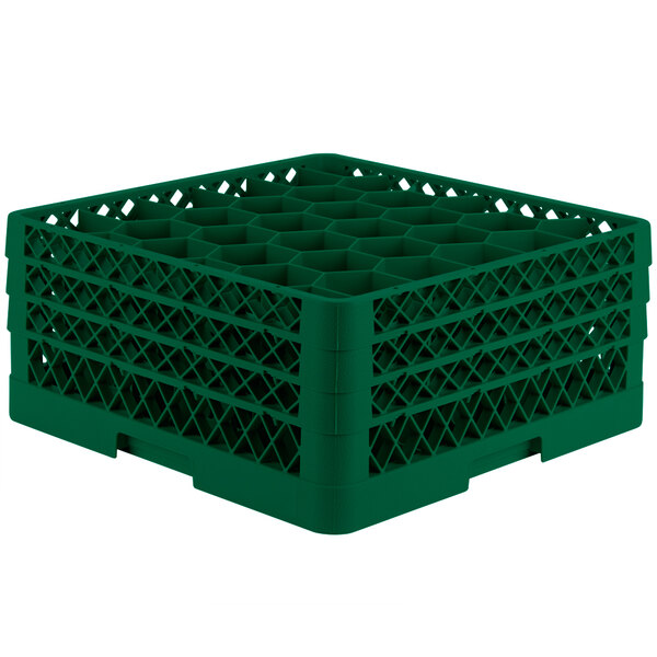 A green plastic Vollrath Traex rack with 30 compartments for 7 7/8" glasses.