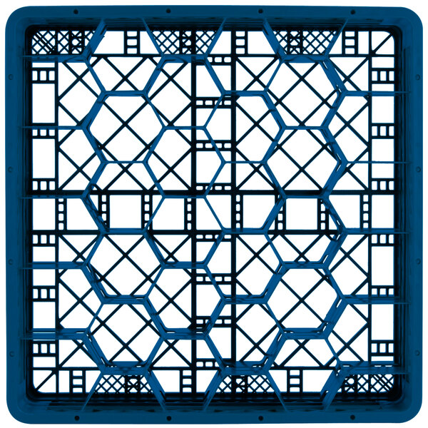 A Vollrath royal blue plastic rack with hexagonal compartments on top of an open metal rack.