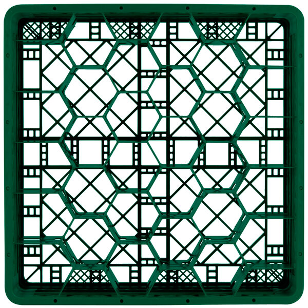 A green plastic Vollrath Traex glass rack with hexagon compartments.