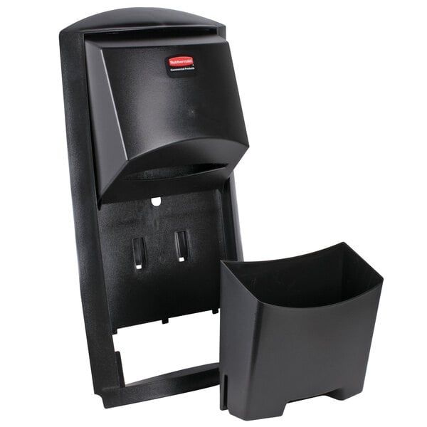 A black Rubbermaid plastic dispenser with a red label.