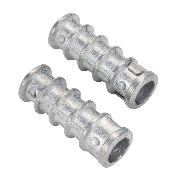 A pair of stainless steel metal fasteners.