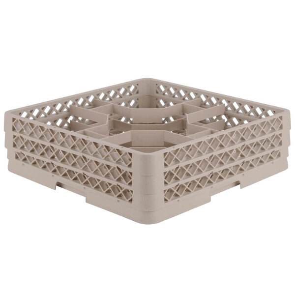 A beige plastic Vollrath Traex glass rack with 30 compartments.