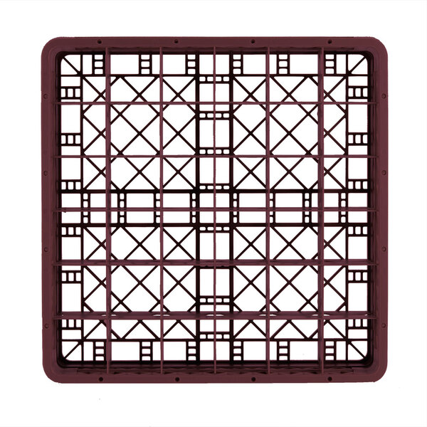 A plastic crate with red grids containing 36 glass compartments.