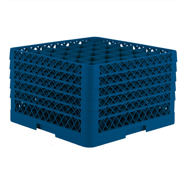 A blue plastic full-size glass rack with 36 compartments for holding glasses.