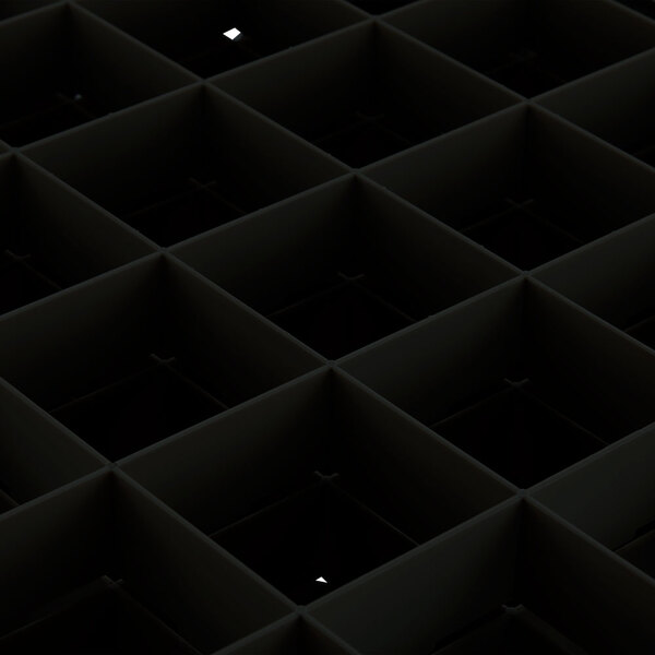 A black square Vollrath glass rack with 36 compartments.