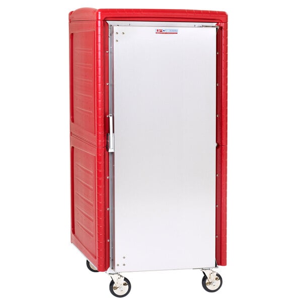 A stainless steel Metro holding cabinet with red and silver universal slides.