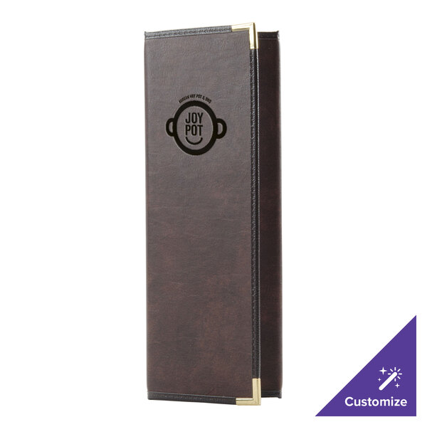 A brown leather Menu Solutions Royal Select menu cover with a logo on the front.