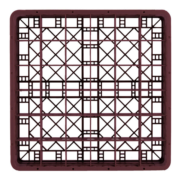 A full-size burgundy plastic glass rack with 36 compartments for holding glasses.