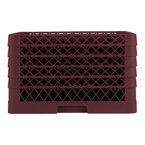 A full-size burgundy glass rack with 36 compartments and an 11-inch height.
