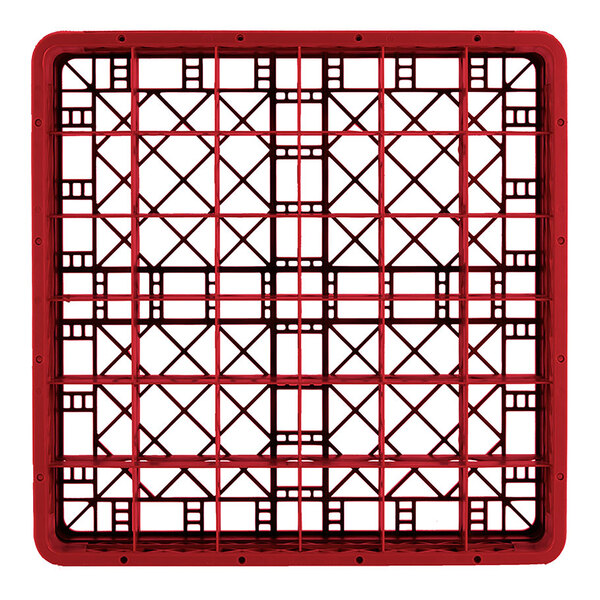 A red full-size plastic glass rack with 36 compartments and a grid-like structure.