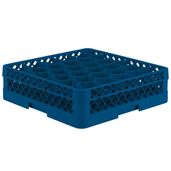A Vollrath Royal Blue plastic glass rack with 30 compartments.