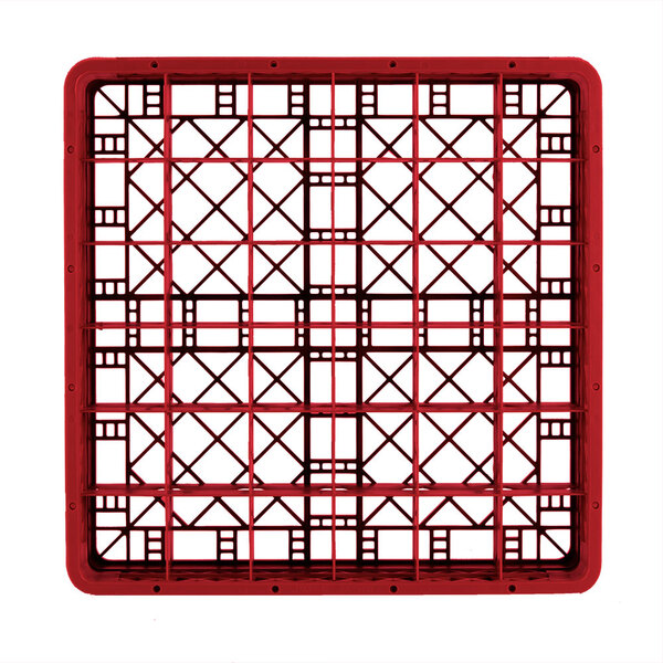 A red plastic Vollrath Traex glass rack with a grid pattern.