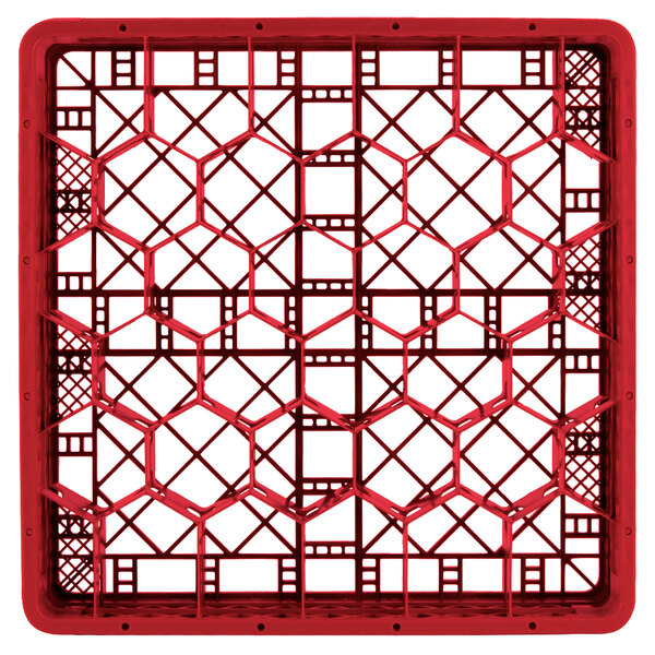 A red Vollrath Traex rack with hexagonal compartments.