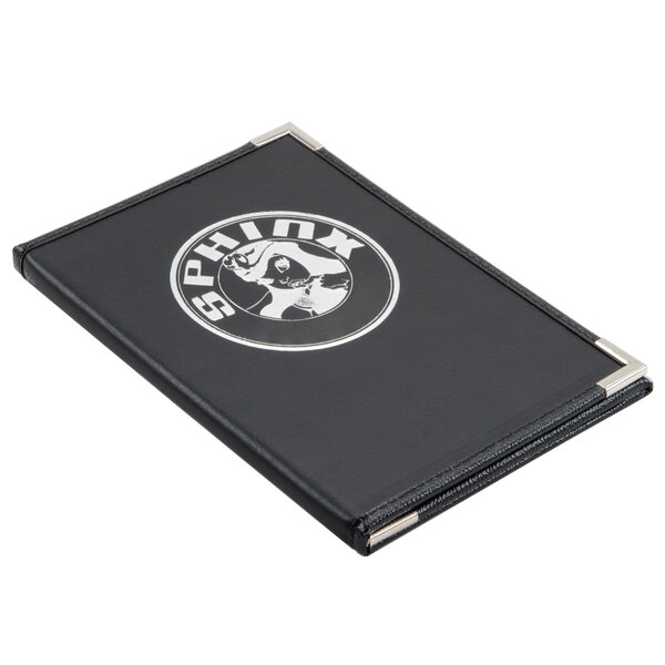 A black leather Menu Solutions Royal Select menu cover with a logo on it.