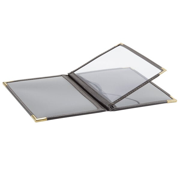 A black leather folder with a clear cover.