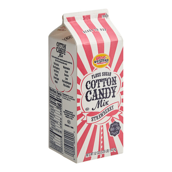 A white and pink striped Great Western milk carton of cotton candy floss sugar.