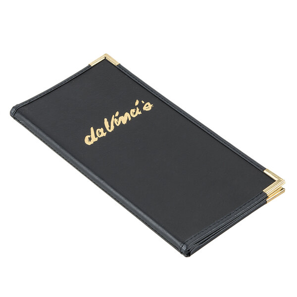 A black leather-like Menu Solutions Royal Select menu cover with gold foil on it.