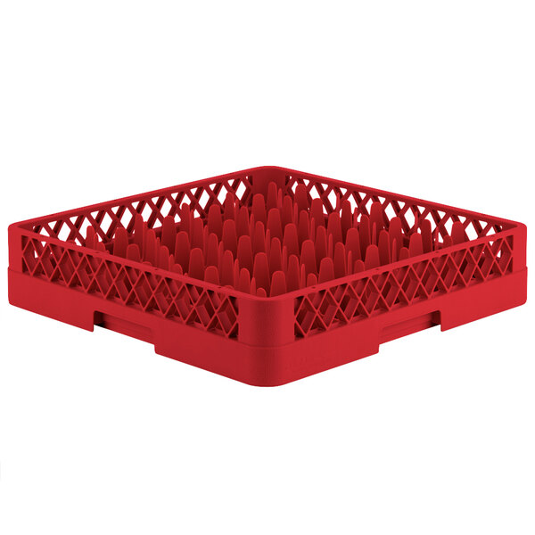 A red plastic Vollrath Traex glass rack with 30 compartments.