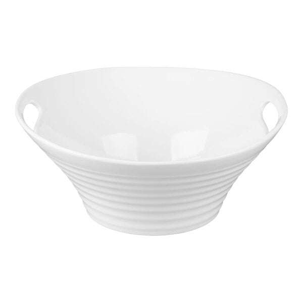 A white porcelain deep bowl with handles on each side and a ribbed exterior design.