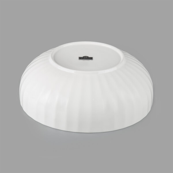 A white bowl with a black label.