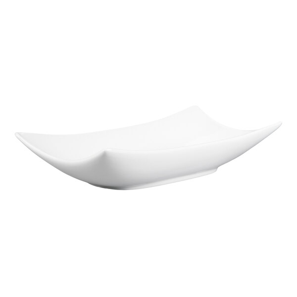 A white porcelain rectangular platter with slightly upturned edges.