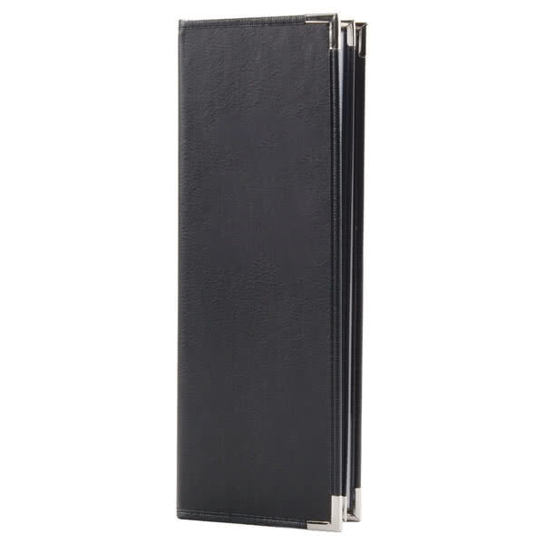 A black leather Menu Solutions menu cover.