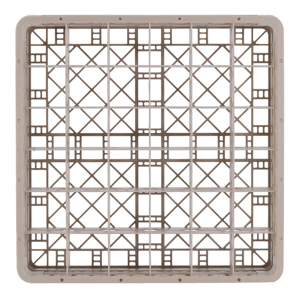 A beige full-size glass rack with 36 compartments designed for holding and washing glasses.