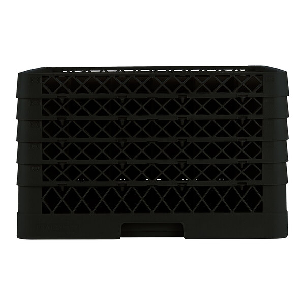 A black full-size glass rack with 36 compartments designed for holding and washing glassware.