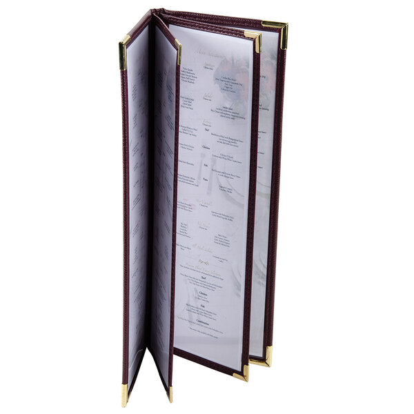 A burgundy leather-like Menu Solutions Royal Select menu cover with a white cover and gold corners.