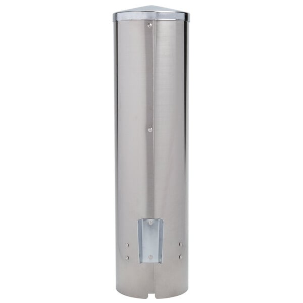 A stainless steel San Jamar water cup dispenser with a long thin strip.