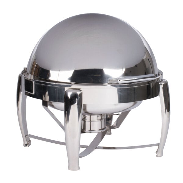 A Vollrath stainless steel round chafer with a roll top lid.